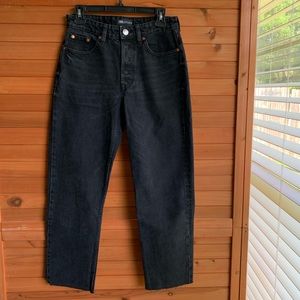 Zara Black Denim Jeans, Button Fly, Raw Hem, Size 6